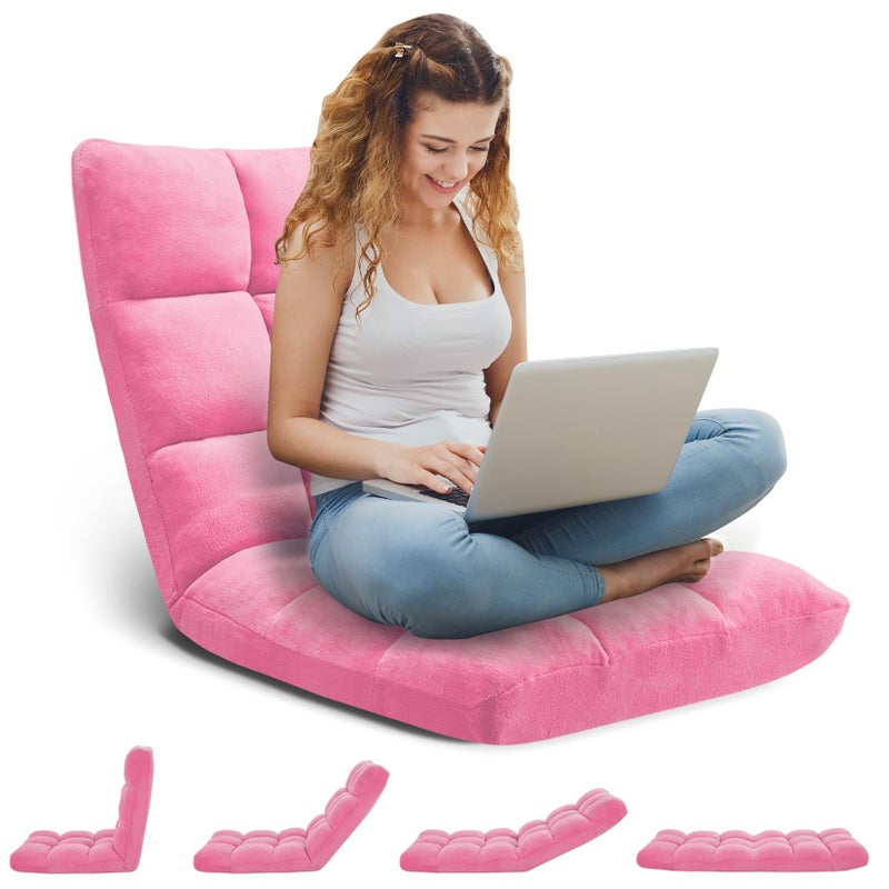 Avocahom Folding Floor Gaming Chair 14-Poistion Cushioned Adjustable Floor Lazy Sofa Chair w/Breathable Cotton & Skin-Friendly Coral Velve for Adults & Kids Perfect for Reading Gaming Meditating, Pink - Image 2