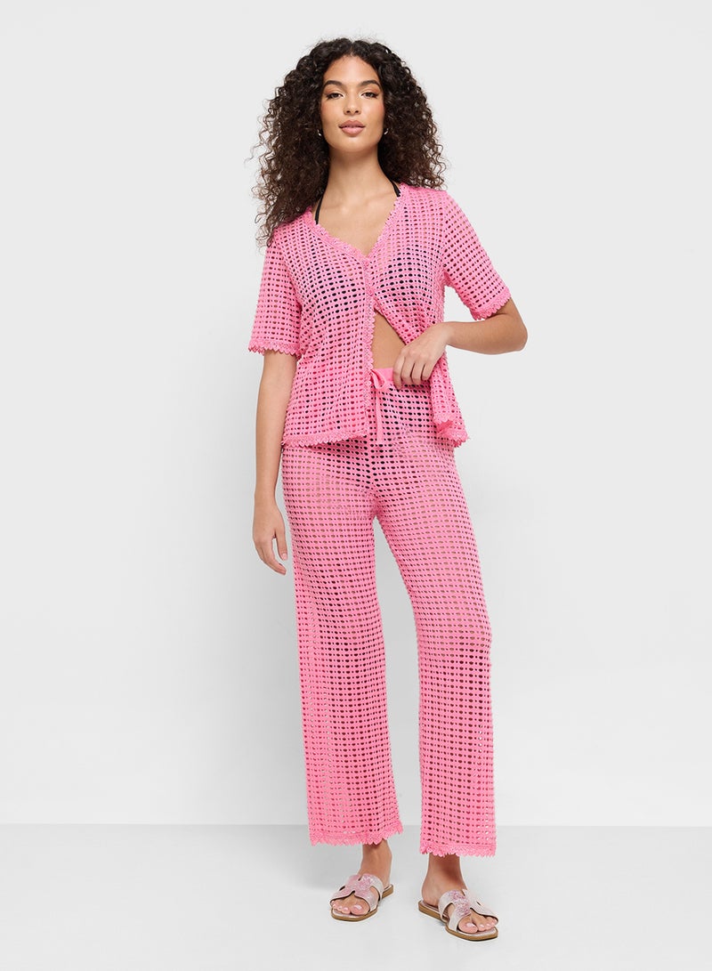 جينجر طقم بلوزة وسروال كروشيه بأزرار - Image 1