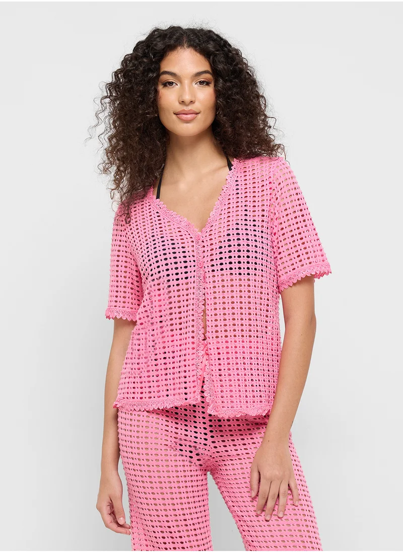 جينجر Crochet Knitted Button Up Top & Pant Co-Ord Set