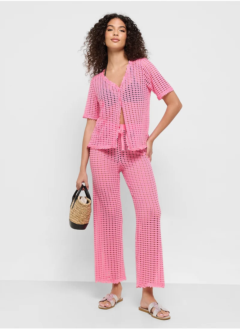 جينجر Crochet Knitted Button Up Top & Pant Co-Ord Set