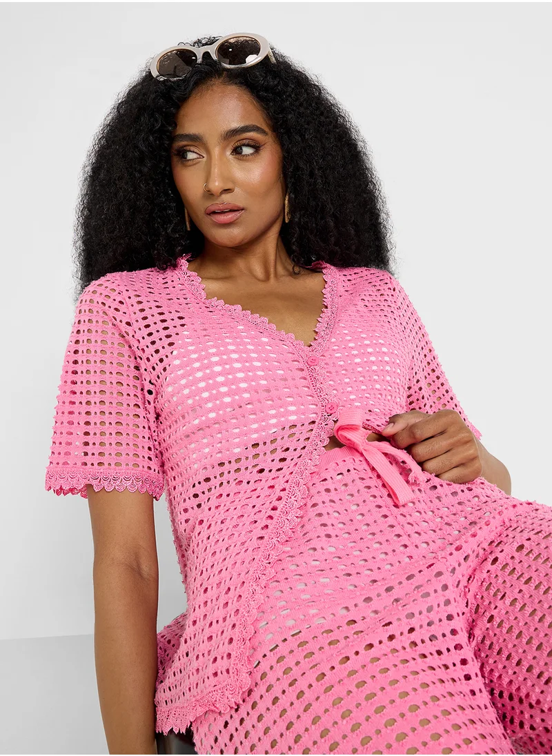 Ginger Crochet Knitted Button Up Top & Pant Co-Ord Set