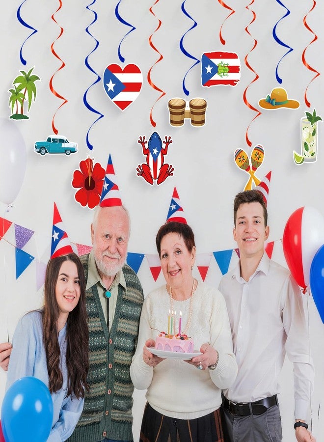 Geodurn 24 Pcs Puerto Rico Hanging Swirls Decorations, Red and Blue Foil Ceiling Swirls with Coquí Frog, Flag, Hibiscus, Maracas, and Tropical Design for Boricua Birthday, Fiesta, and Heritage Party Supplies - Image 4