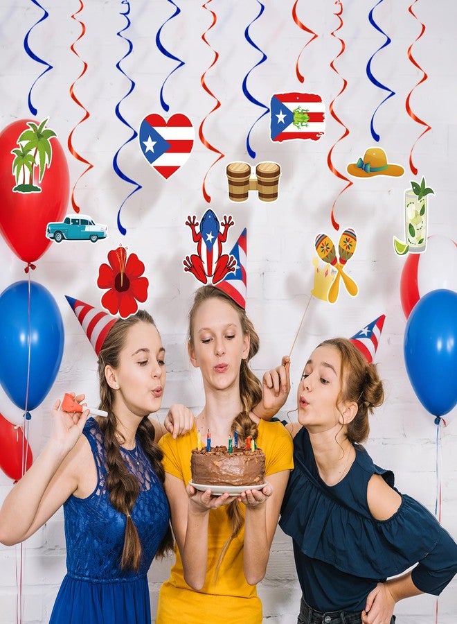 Geodurn 24 Pcs Puerto Rico Hanging Swirls Decorations, Red and Blue Foil Ceiling Swirls with Coquí Frog, Flag, Hibiscus, Maracas, and Tropical Design for Boricua Birthday, Fiesta, and Heritage Party Supplies - Image 5