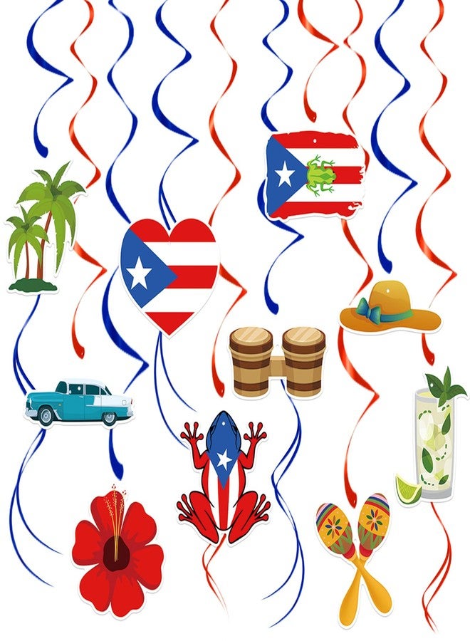 Geodurn 24 Pcs Puerto Rico Hanging Swirls Decorations, Red and Blue Foil Ceiling Swirls with Coquí Frog, Flag, Hibiscus, Maracas, and Tropical Design for Boricua Birthday, Fiesta, and Heritage Party Supplies - Image 1