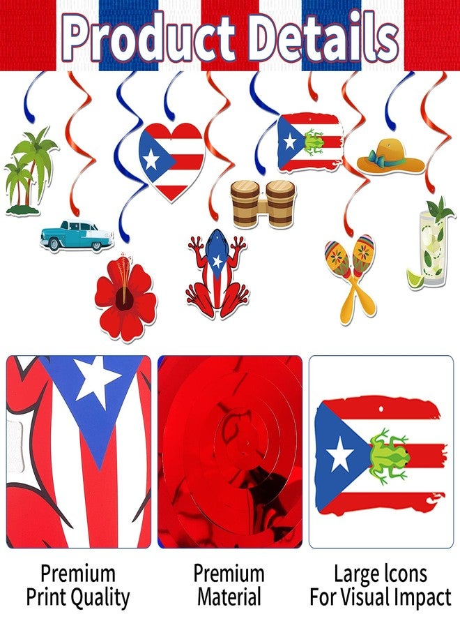 Geodurn 24 Pcs Puerto Rico Hanging Swirls Decorations, Red and Blue Foil Ceiling Swirls with Coquí Frog, Flag, Hibiscus, Maracas, and Tropical Design for Boricua Birthday, Fiesta, and Heritage Party Supplies - Image 3