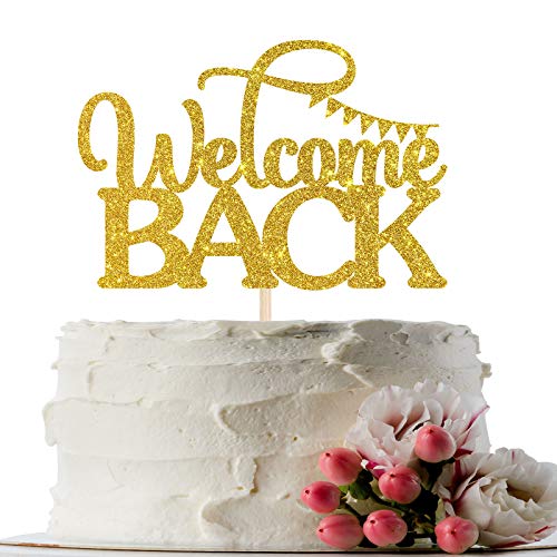 INNORU Gold Glitter Welcome Back Cake Topper for Welcome Home Party Cake Decor - Back to School - Retirement - New House - Housewarming - Classroom Party Cake Supplies - Image 1