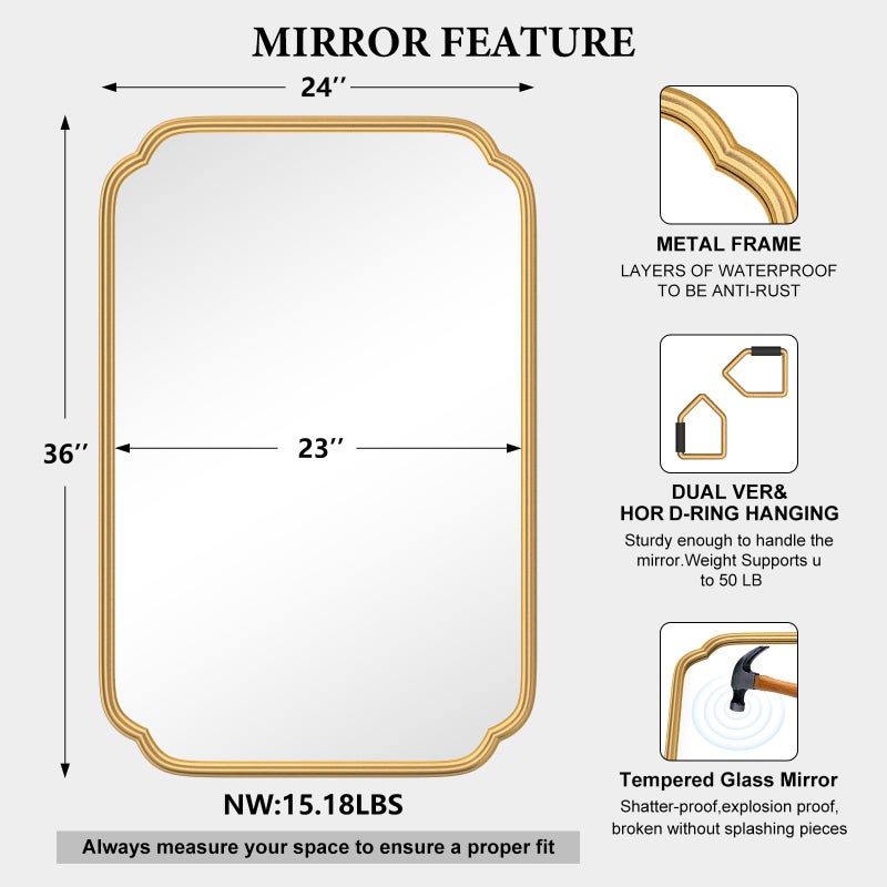 Ferytange Gold Bathroom Vanity Mirror for Wall 24" x 36" Modern Rounded Rectangle Mirror with Metal Framed Mirrors for Over Sink Wall Decorative (Horizontal/Vertical) - Image 4