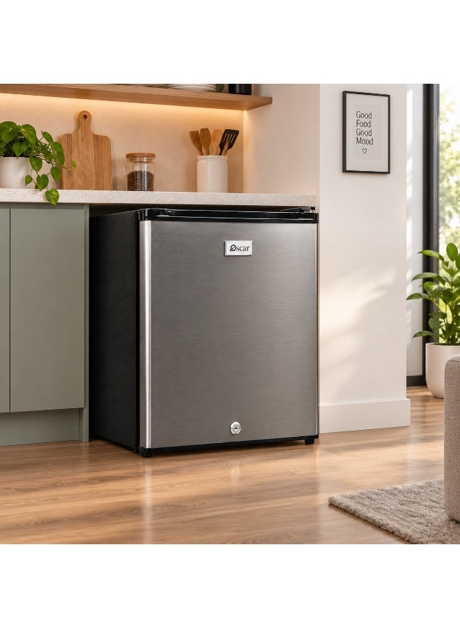 Oscar 50L Table Top Mini Refrigerator | Compact Single Door Fridge with Freezer | R600a Refrigerant | Lock & Key | Glass Shelf | Silver - OR65S1 | 1 Year Warranty - Image 1