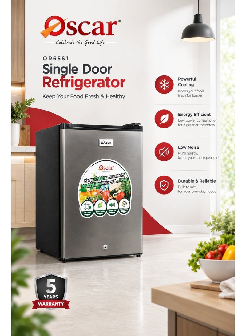 Oscar 50L Table Top Mini Refrigerator | Compact Single Door Fridge with Freezer | R600a Refrigerant | Lock & Key | Glass Shelf | Silver - OR65S1 | 1 Year Warranty - Image 2