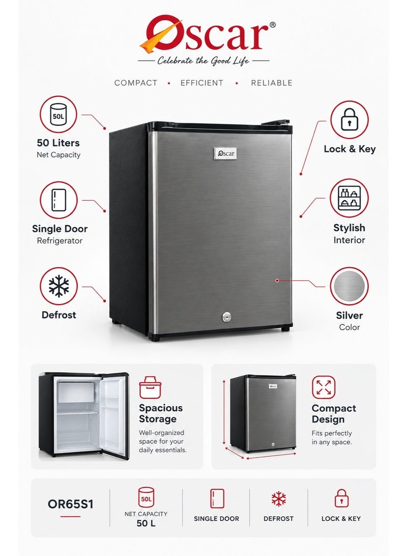 Oscar 50L Table Top Mini Refrigerator | Compact Single Door Fridge with Freezer | R600a Refrigerant | Lock & Key | Glass Shelf | Silver - OR65S1 | 1 Year Warranty - Image 4
