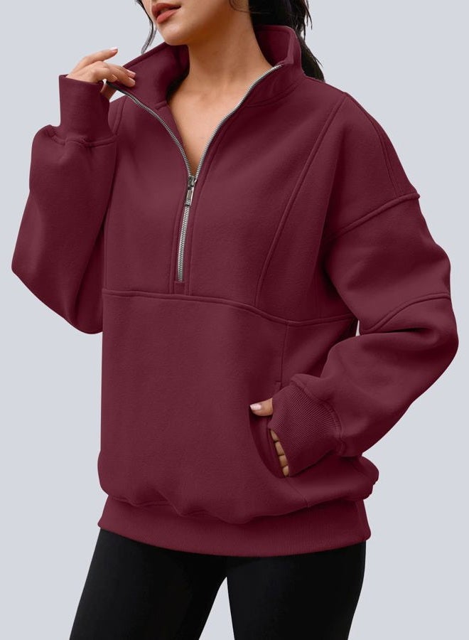 AUTOMET Womens Quarter Zip Oversized Sweatshirts Teen Fleece Pullover Hoodies 2025 Mock Neck Sweater Fall Workout Jacket, Winered, S - Image 2