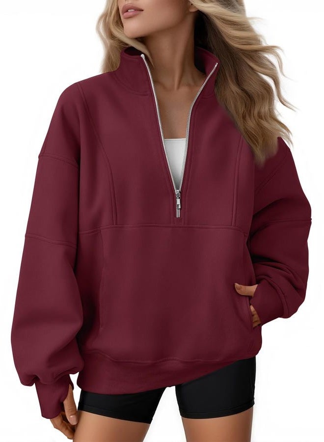 AUTOMET Womens Quarter Zip Oversized Sweatshirts Teen Fleece Pullover Hoodies 2025 Mock Neck Sweater Fall Workout Jacket, Winered, S - Image 1