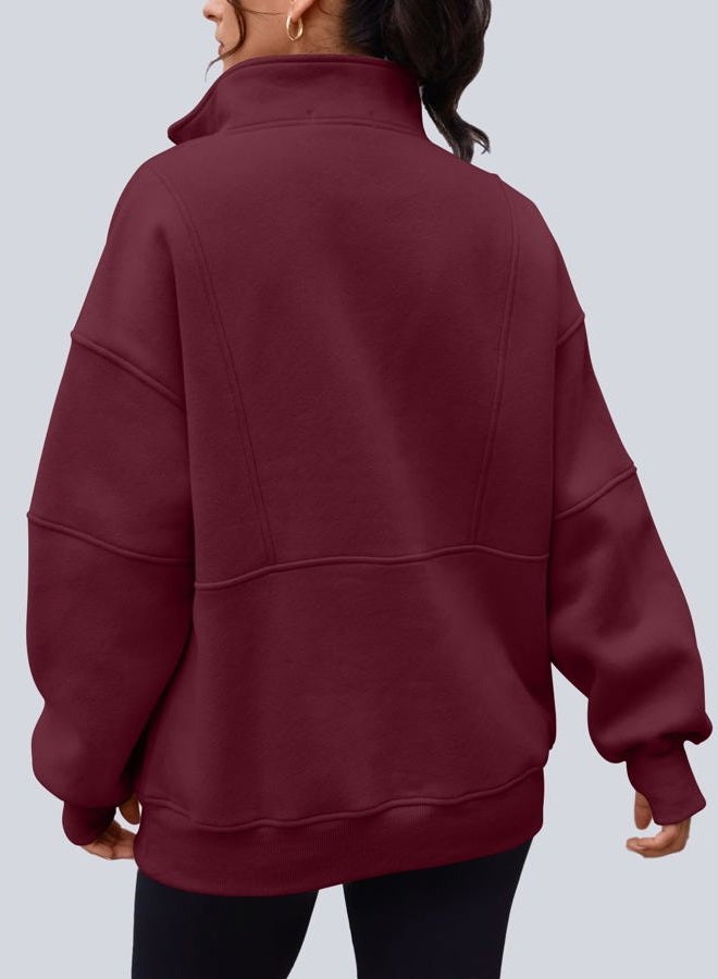 AUTOMET Womens Quarter Zip Oversized Sweatshirts Teen Fleece Pullover Hoodies 2025 Mock Neck Sweater Fall Workout Jacket, Winered, S - Image 3