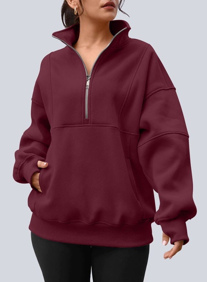 AUTOMET Womens Quarter Zip Oversized Sweatshirts Teen Fleece Pullover Hoodies 2025 Mock Neck Sweater Fall Workout Jacket, Winered, S - Image 4