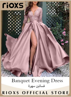 Women's Lace Sequin High Split Large Hem Gown High Waist Slimming Long Dress Elegant Wedding After-party Cocktail Party Dress for Ladies