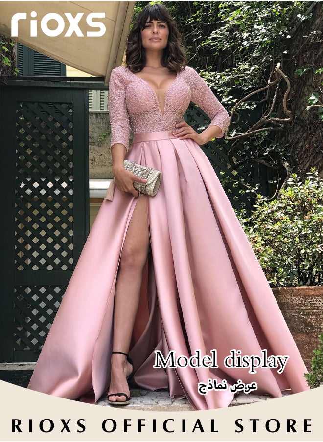 RIOXS - Women's Lace Sequin High Split Large Hem Gown High Waist Slimming Long Dress Elegant Wedding After-party Cocktail Party Dress for Ladies - Image 1