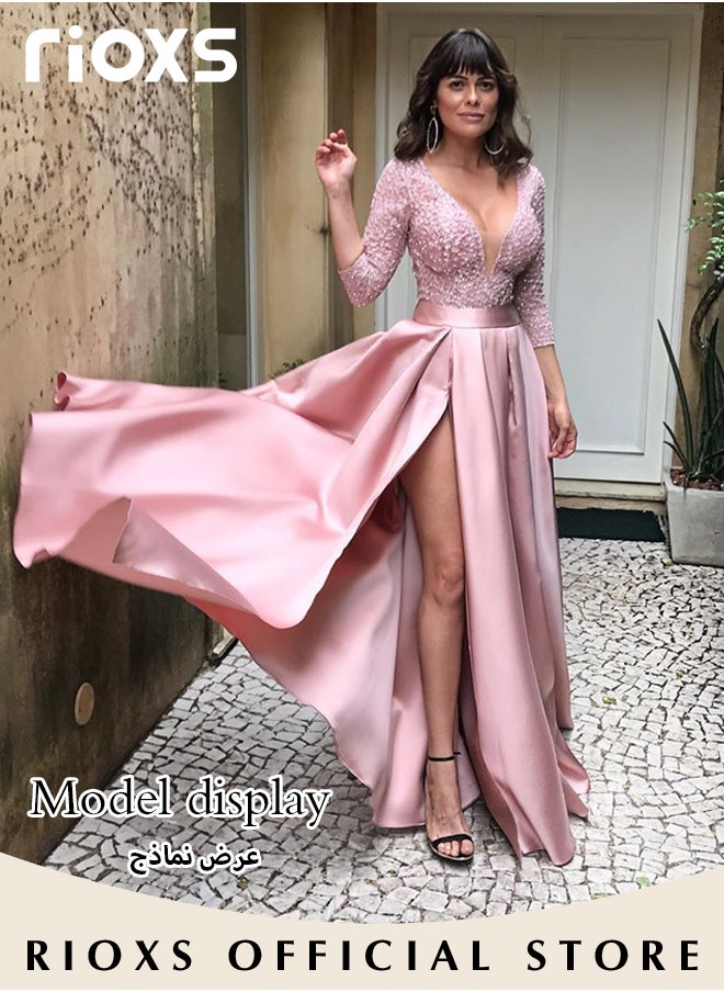 RIOXS - Women's Lace Sequin High Split Large Hem Gown High Waist Slimming Long Dress Elegant Wedding After-party Cocktail Party Dress for Ladies - Image 1