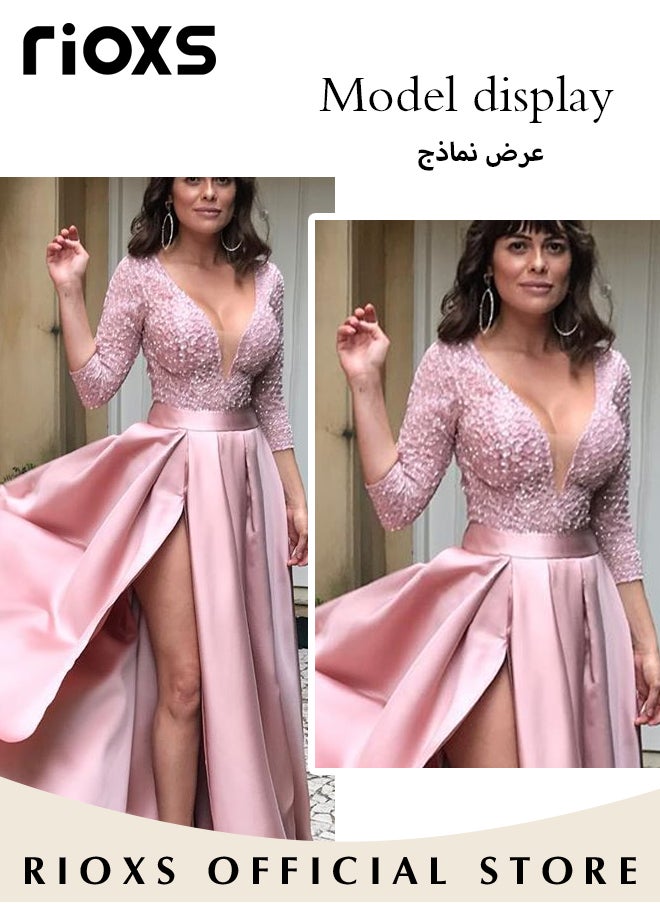 RIOXS - Women's Lace Sequin High Split Large Hem Gown High Waist Slimming Long Dress Elegant Wedding After-party Cocktail Party Dress for Ladies - Image 1