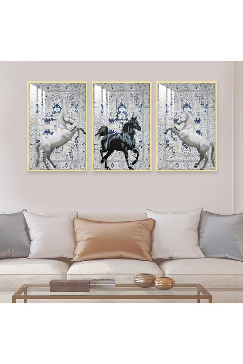 Marktna Three wooden wall painting with a horse design, with a frame and a clear acrylic layer. - Image 1