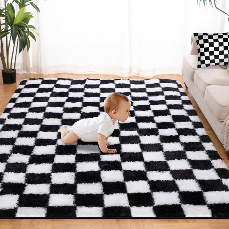 TOOHUB Super Soft Rug for Bedroom  6x9 Ft Black and White Area Rug Classic Checkered Shaggy Rug Anti-Skid High Pile Soft Fluffy Rug Fuzzy Carpet for Living Room Bedroom Kids Room Nursery  Dorm Home Decor - Image 1