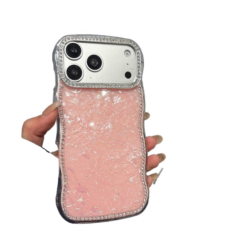 Acrylic Protective Case for iPhone 17 / 17 Air / 17 Pro / 17 Pro Max with Drop Protection and Wave Edge plus Shockproof plus Shell Pattern plus Crystal Rhinestone Lens Protection in Pink - Image 1