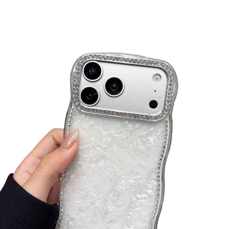Acrylic Protective Case for iPhone 17 / 17 Air / 17 Pro / 17 Pro Max with Drop Protection and Wave Edge plus Shockproof plus Shell Pattern plus Crystal Rhinestone Lens Protection in Pink - Image 4
