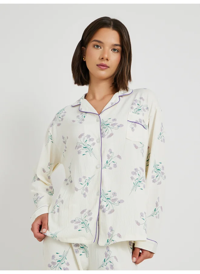 تايك تو Take Two Floral Print Long Sleeve Shirt and Pyjama Set