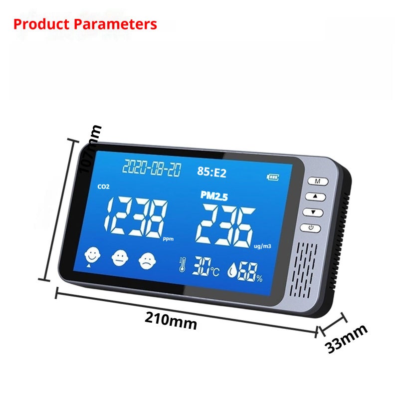 6-in-1 Air Quality Monitor NDIR Sensor, Detects CO2, PM2.5, Temperature & Humidity, Time & Date, Buzzer Alarm, Celsius/Fahrenheit Switch for Home, Car, Office, Classroom - Image 3