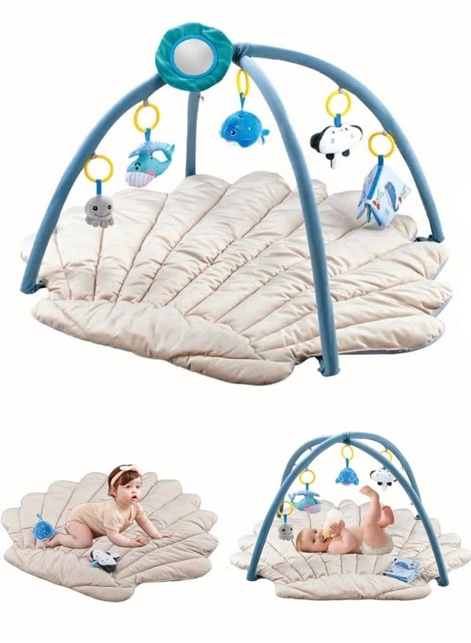 Beauenty Baby fitness mat, oversized shell shaped activity fitness mat with 6 detachable toys, rolling time mat, motor skills and sensory development mat, high contrast toy, and self discovery mirror - Image 1