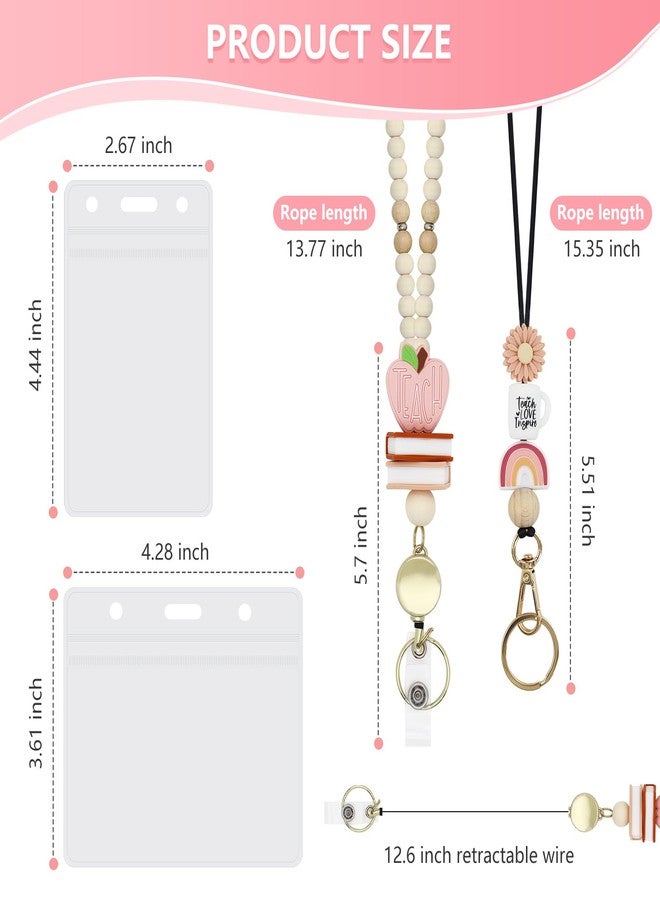Frutain 2 Pcs Teacher Lanyards with 2 Pcs ID Badges Holder Retractable Breakaway Lanyard for Keys Cute Boho Wooden Beaded Lanyards Necklace for ID Badges Woman Teacher Nurse Office - Image 2