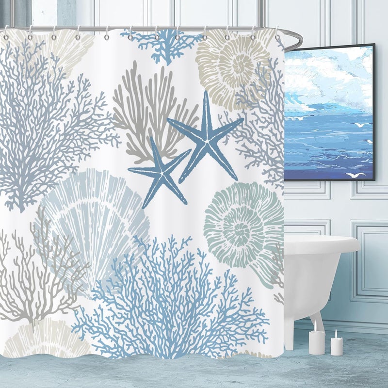 Caheansi Nautical Coastal Shower Curtain, Blue Ocean Beach Seashell Starfish Themed Bathroom Curtain Waterproof Fabric Machine Washable with Hooks, 72" Wx72 L - Image 3
