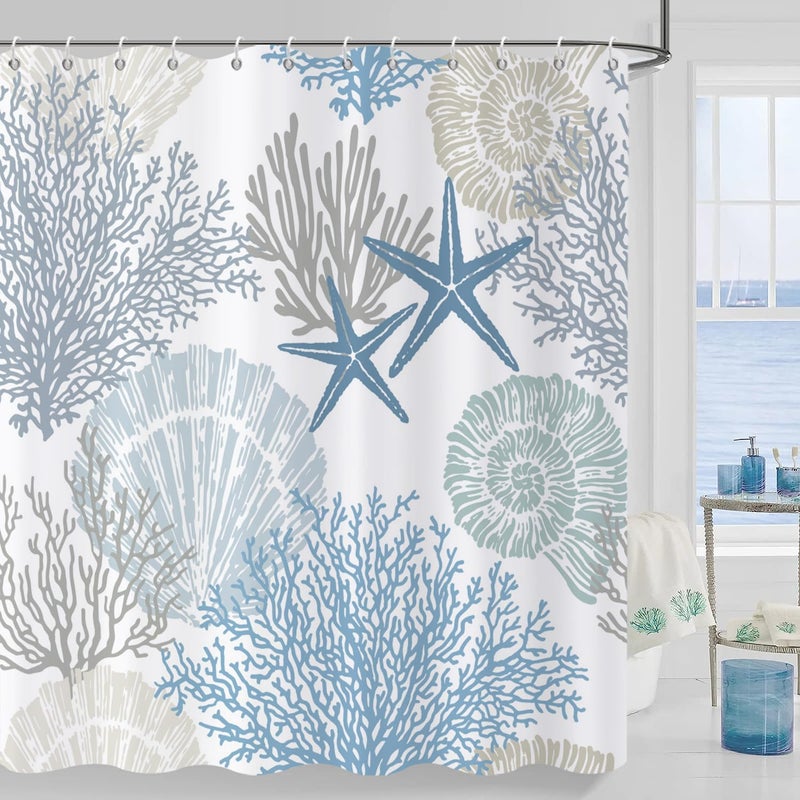 Caheansi Nautical Coastal Shower Curtain, Blue Ocean Beach Seashell Starfish Themed Bathroom Curtain Waterproof Fabric Machine Washable with Hooks, 72" Wx72 L - Image 1