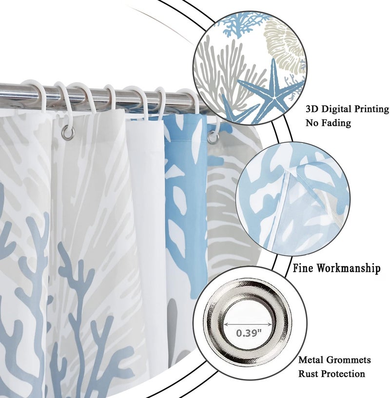 Caheansi Nautical Coastal Shower Curtain, Blue Ocean Beach Seashell Starfish Themed Bathroom Curtain Waterproof Fabric Machine Washable with Hooks, 72" Wx72 L - Image 5