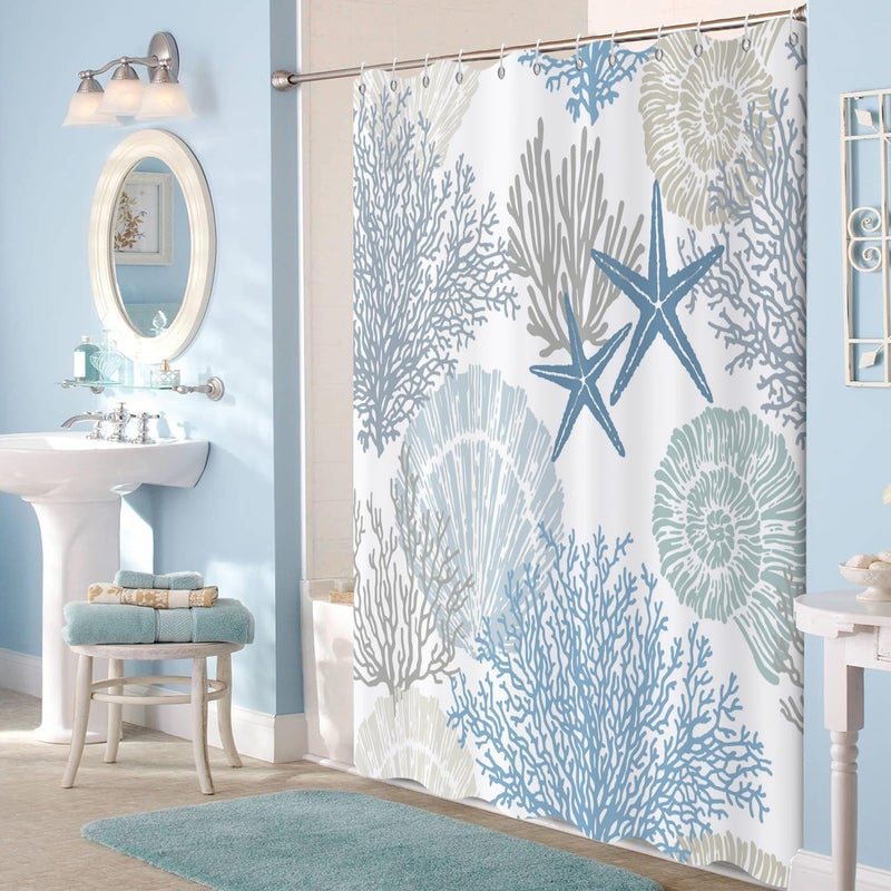 Caheansi Nautical Coastal Shower Curtain, Blue Ocean Beach Seashell Starfish Themed Bathroom Curtain Waterproof Fabric Machine Washable with Hooks, 72" Wx72 L - Image 2