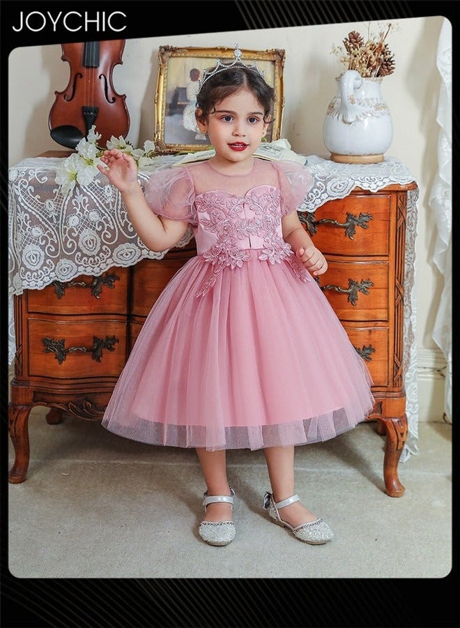 Joychic New Style Girls Summer Puff Sleeves Stylish Birthday Flower Pattern Dress Children's Big Bow Puffy Princess Dress - Image 1