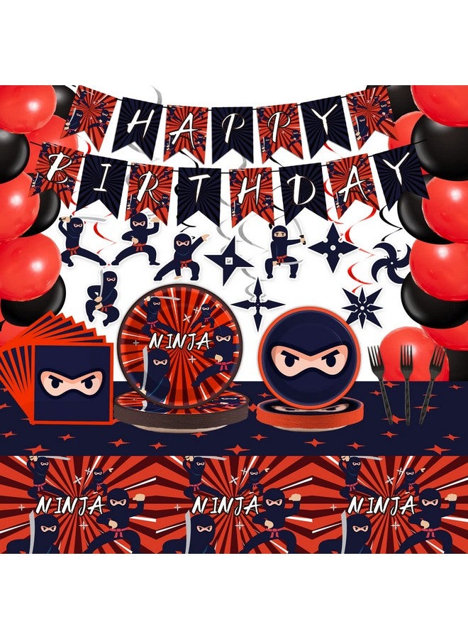 Tevxj مجموعة زينة عيد ميلاد نينجا 162 قطعة - مجموعة مستلزمات حفلة محارب نينجا تشمل أدوات المائدة من نينجا ماستر، مفرش طاولة، لافتات معلقة، دوامات فويل، قصاصات، بالونات لحفلات الكاراتيه للأطفال الأولاد. - Image 1