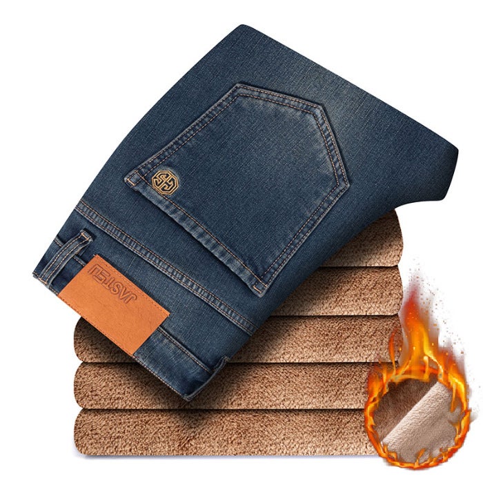 Brown High-end Jeans Mens Winter fleece-lined Thick Warm Stretch Slim-fit All-match Straight Casual Trendy Pants Collectible cow - Image 1