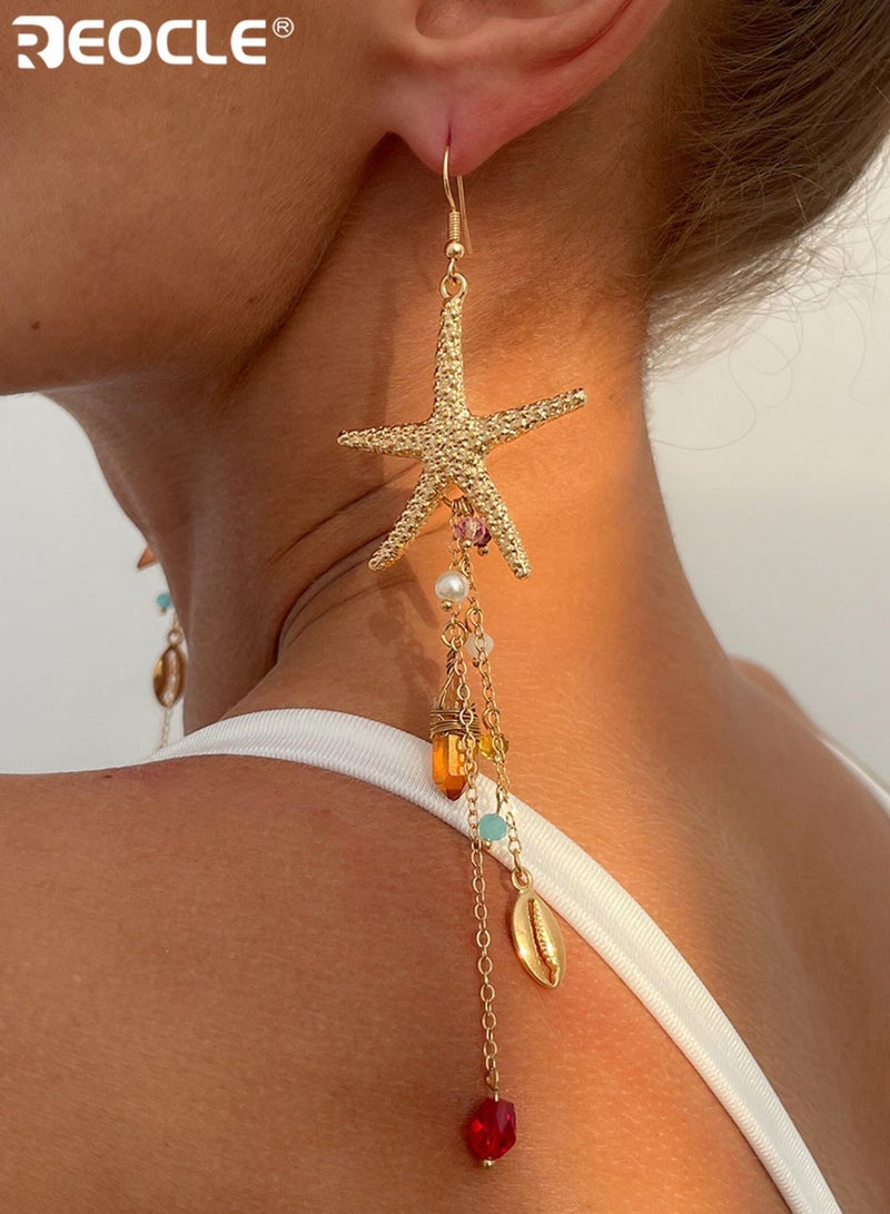REOCLE Women's Earrings Long Starfish Tassel Drop Earrings with Bead and Crystal Accents Coastal Boho Jewelry for Daily Wear and Special Occasions - Image 2