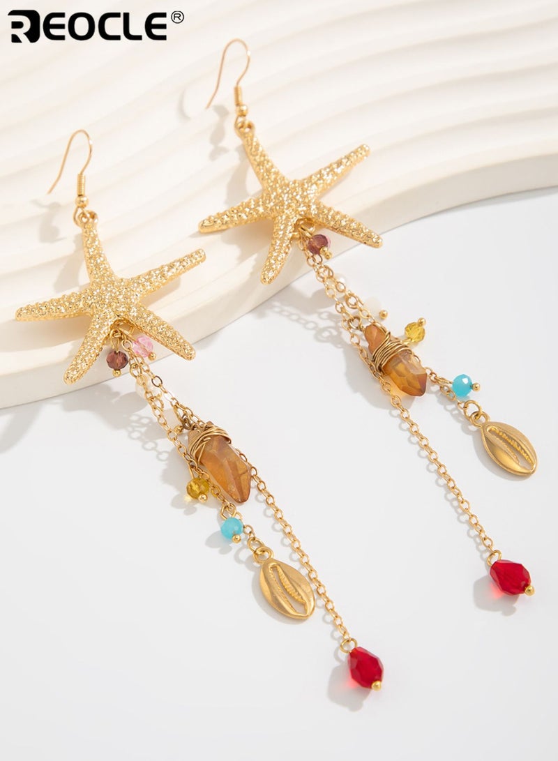 REOCLE Women's Earrings Long Starfish Tassel Drop Earrings with Bead and Crystal Accents Coastal Boho Jewelry for Daily Wear and Special Occasions - Image 4