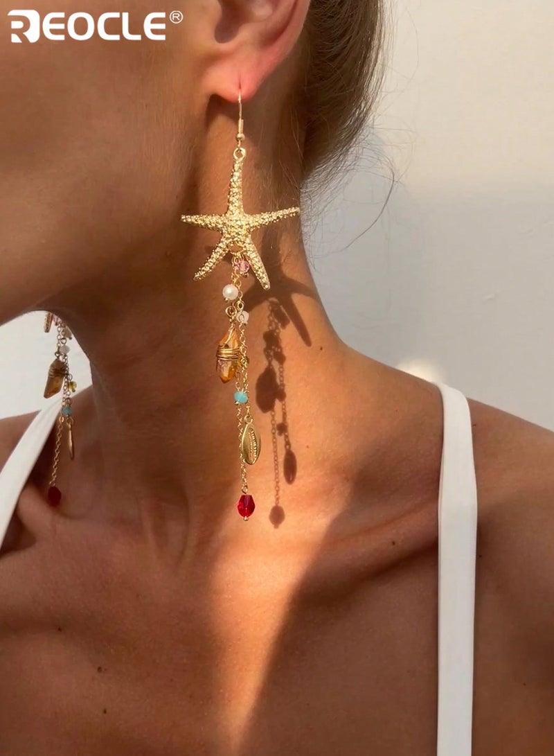 REOCLE Women's Earrings Long Starfish Tassel Drop Earrings with Bead and Crystal Accents Coastal Boho Jewelry for Daily Wear and Special Occasions - Image 1