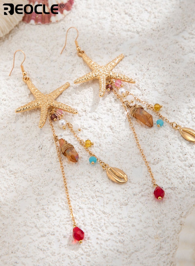 REOCLE Women's Earrings Long Starfish Tassel Drop Earrings with Bead and Crystal Accents Coastal Boho Jewelry for Daily Wear and Special Occasions - Image 5
