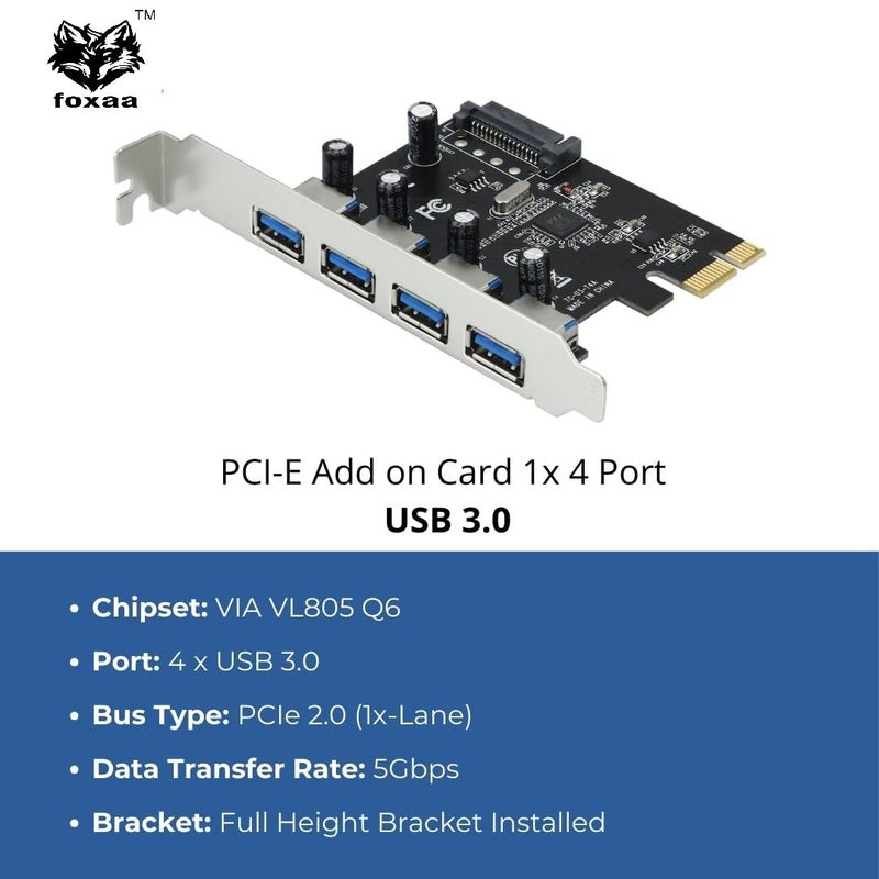 foxaa بطاقة توسيع USB 3.0 بأربعة منافذ PCI Express – تعتمد على شريحة VIA VL805 | محول PCIe مع طاقة SATA لجهاز الكمبيوتر المكتبي | يدعم Windows/Linux - Image 5