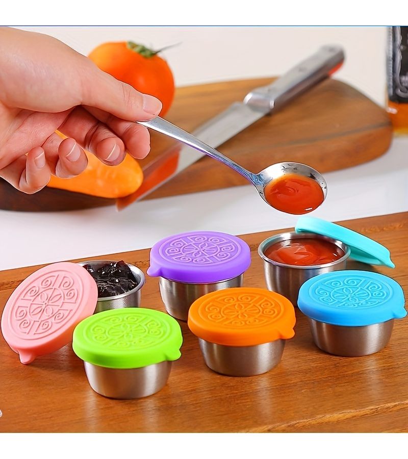 Mint Green 2 Pieces Sauce Cups with Lids 1.6 Oz Reusable Stainless Steel Condiment Containers with Leakproof Silicone Lids For Salad Dressing Bento Lunch Box Kitchen Restaurant Supplies Picnic Travel Dinnerware - Image 2