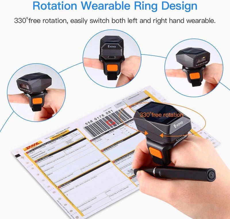 EYOYO 2D Finger Ring Barcode Scanner, Mini Wearable 3-in-1 USB Wired & 2.4G Wireless & Bluetooth Scanner, Image 1D QR Bar Code Reader PDF417 Data Matrix Screen Scan for iPad, Smartphone, PC - Image 2