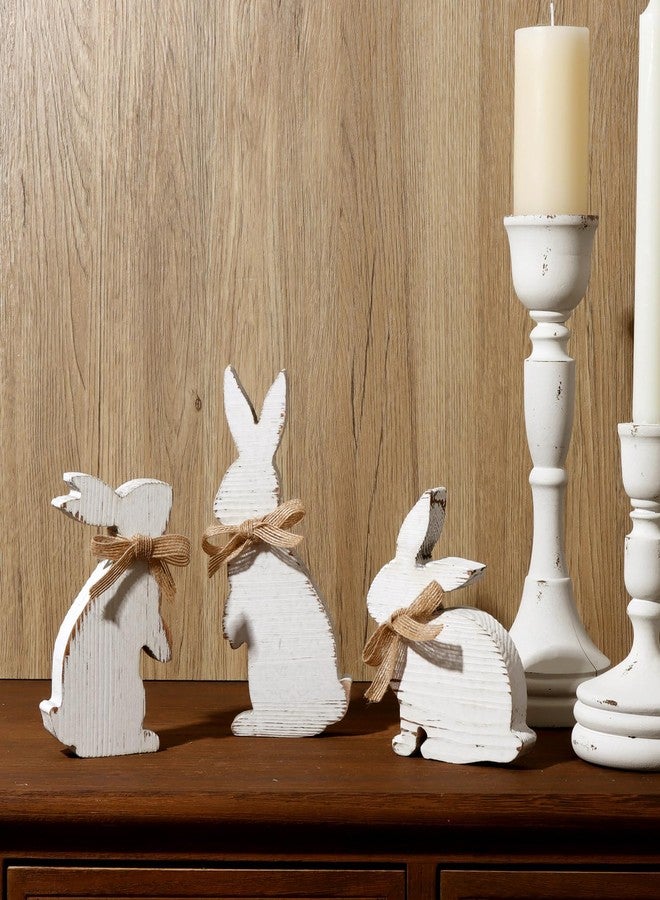 Treory Easter Decorations: 3 Pcs Rustic Bunny Wooden Table Centerpiece Signs White, Farmhouse Wood Decor Tiered Tray for Home, Vintage Gifts - Image 4