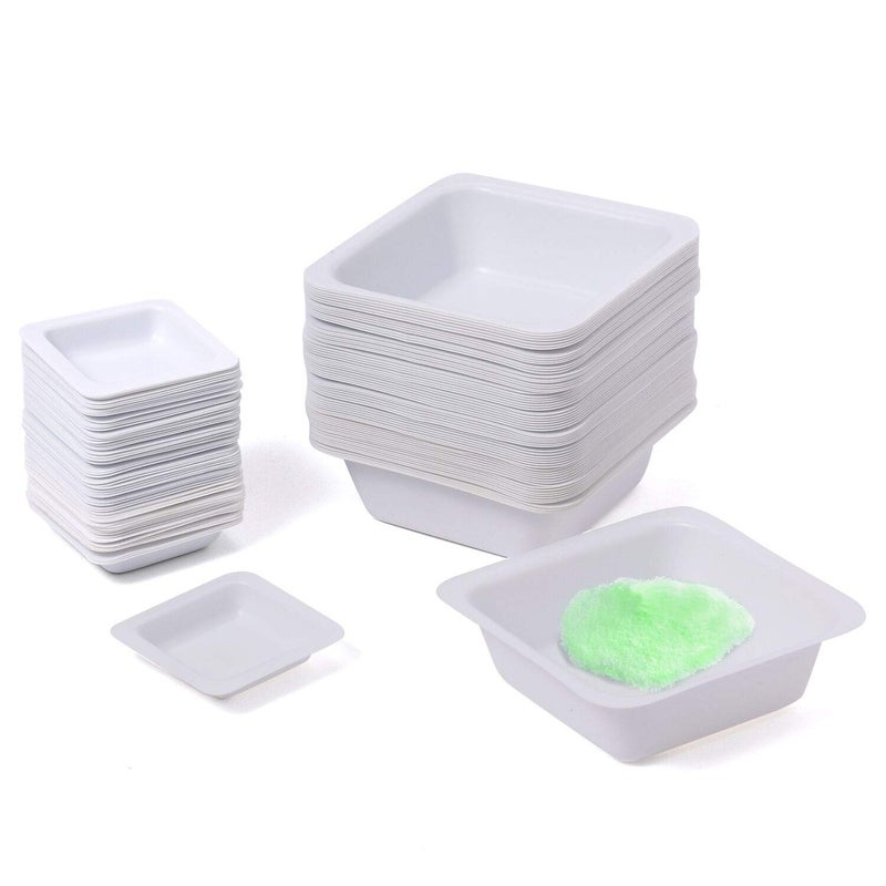 Young4us 7ml 100ml Weigh Boat Set, 100 Pack Small & Large Lab Weighing Dishes for Measuring, Storing, Mixing Powders & Liquids with Easy Pour Design Disposable Mini Plastic Square Dish Scale Tray - Image 1