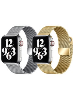 YOMNA [set of 2] YOMNA Magnetic Metal Milanese Loop Band Compatible with Apple Watch Band 42mm 44mm 45mm 49mm, Mesh Strap Replacement for iWatch Series Ultra SE 8 7 6 5 4 3 2 1 (Silver/Gold) 