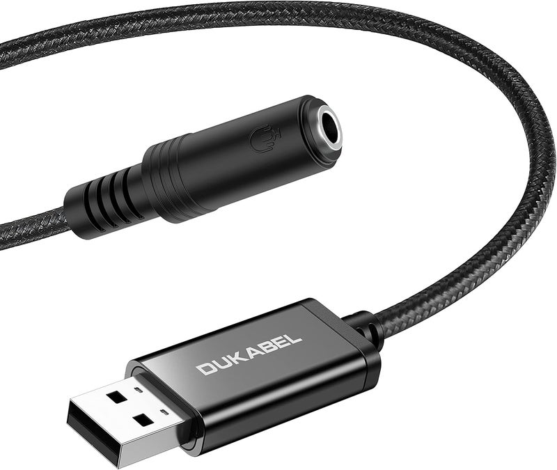 DUKABEL USB External Sound Card USB to 3.5 mm Jack Socket (4 Pole CTIA) Stereo Audio Adapter Cable External Sound Card for Headset, Speaker or 4 Pole TRRS Microphone - Black - Image 1