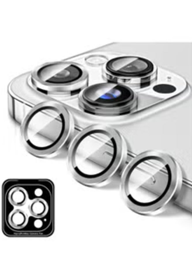 Raxoom Silver Tempered Glass Camera Lens Protector for iPhone 16 Pro/Pro Max - HD Clarity with Automatic Alignment & Metal Rings - Image 1