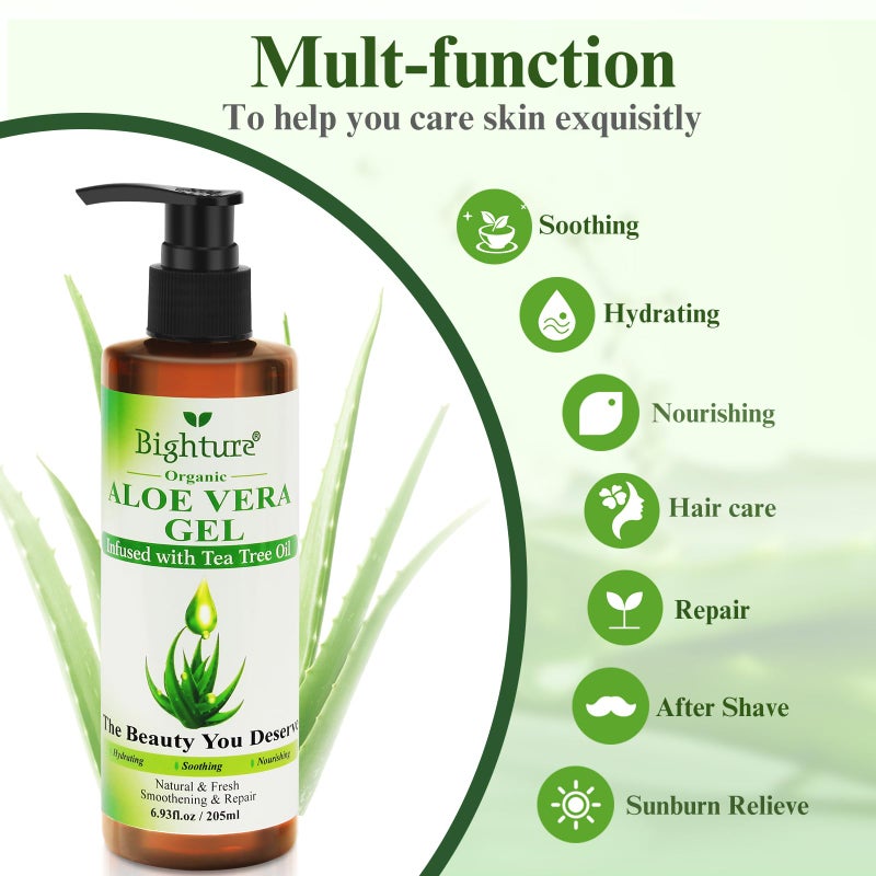 BIGHTURE Aloe Vera Gel with Tea Tree Oil for Face & Body, Freshly-cut Aloe Vera Gel Ideal for Skin, Scalp, & Hair Hydration, Calming Moisturizer for Soothing After Sun Care Relief, 6.93 oz - Image 4